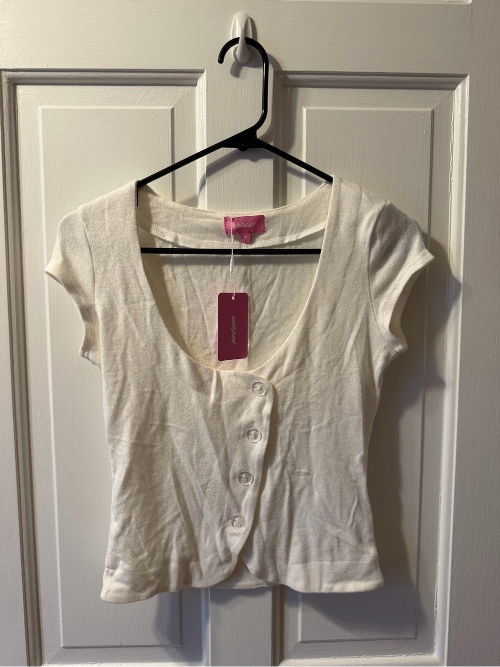 Edikted Cream Short Sleeve Button Front Sweater Top